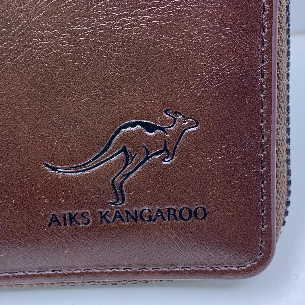 AIKS Kangaroo Mens Dark Brown Leather Zipper Closure RFID Blocking Wallet New